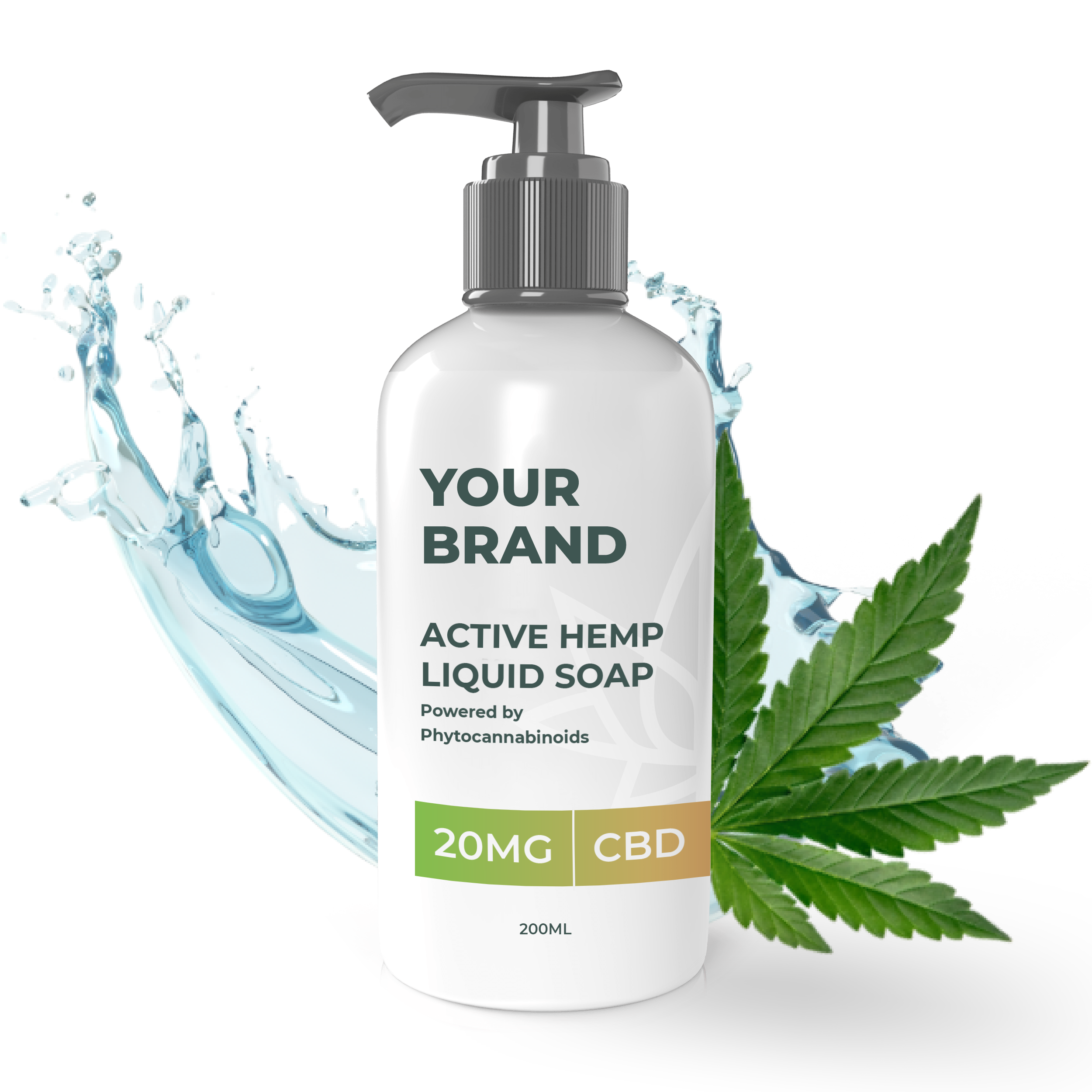 White & Private label Active Hemp CBD Liquid Soap supplied in a 200ml fully recyclable, plastic bottle with pump top