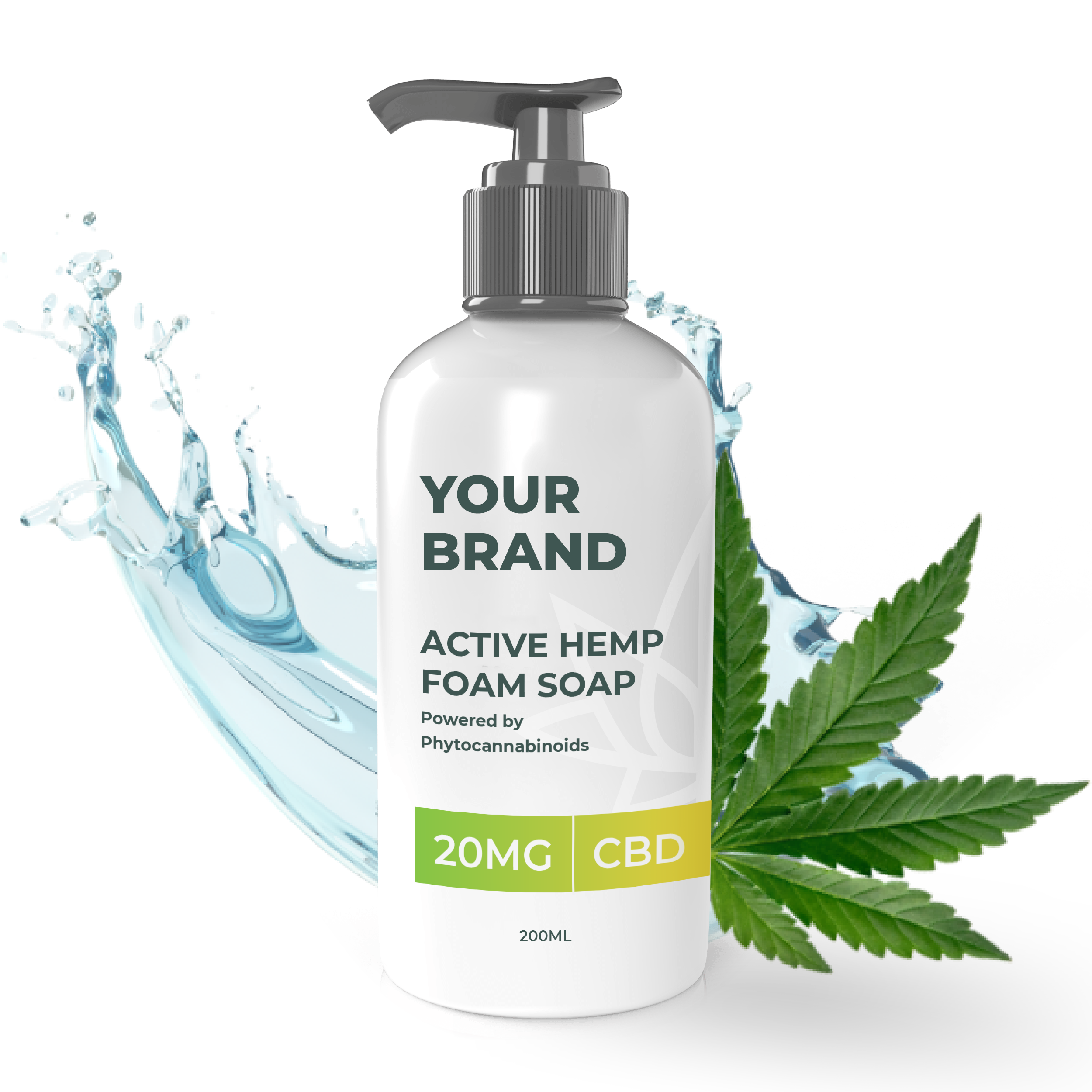 White & Private label Active Hemp CBD Foam Soap supplied in a Fully recyclable 20ml plastic bottle with a pump top