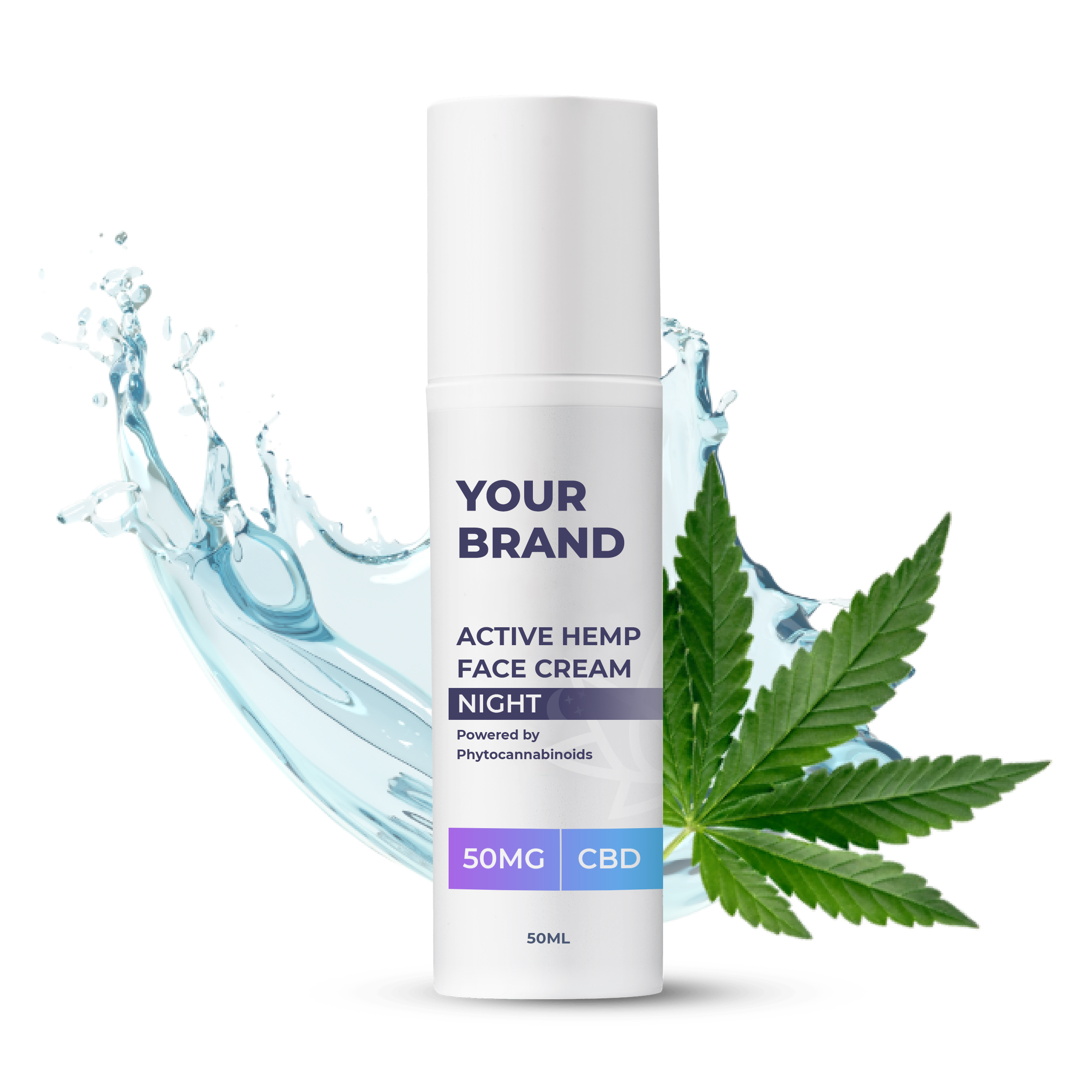 White & Private label Active Hemp CBD Night Cream supplied in a 50ml fully recyclable, twist top, pump dispensed, airless container