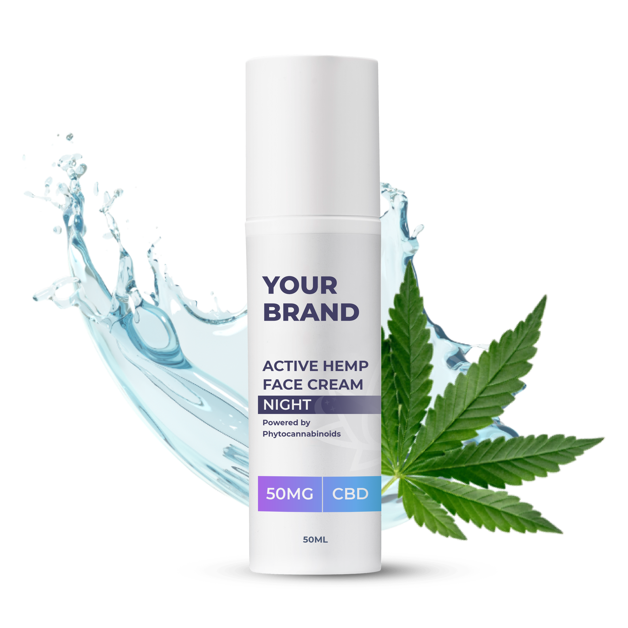 Krem na noc Active Hemp CBD White &amp; Private Label dostarczany w pojemniku typu airless o pojemności 50 ml, w pełni nadającym się do recyklingu, z odkręcanym wieczkiem, dozowanym pompką.