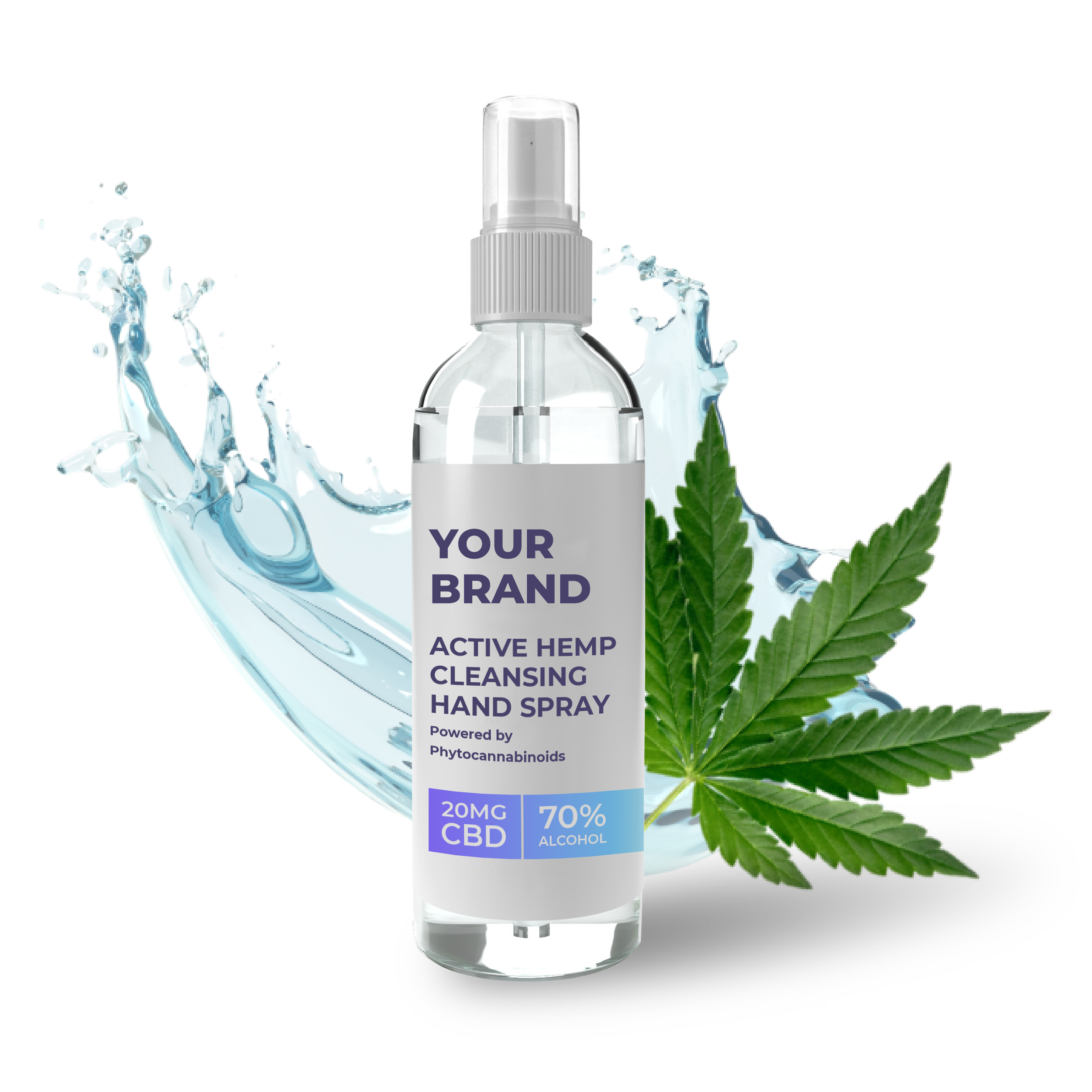 White & Private label Active Hemp CBD Sanitiser Spray supplied in a fully recyclable 50ml clear PET bottle with a pump-action spray