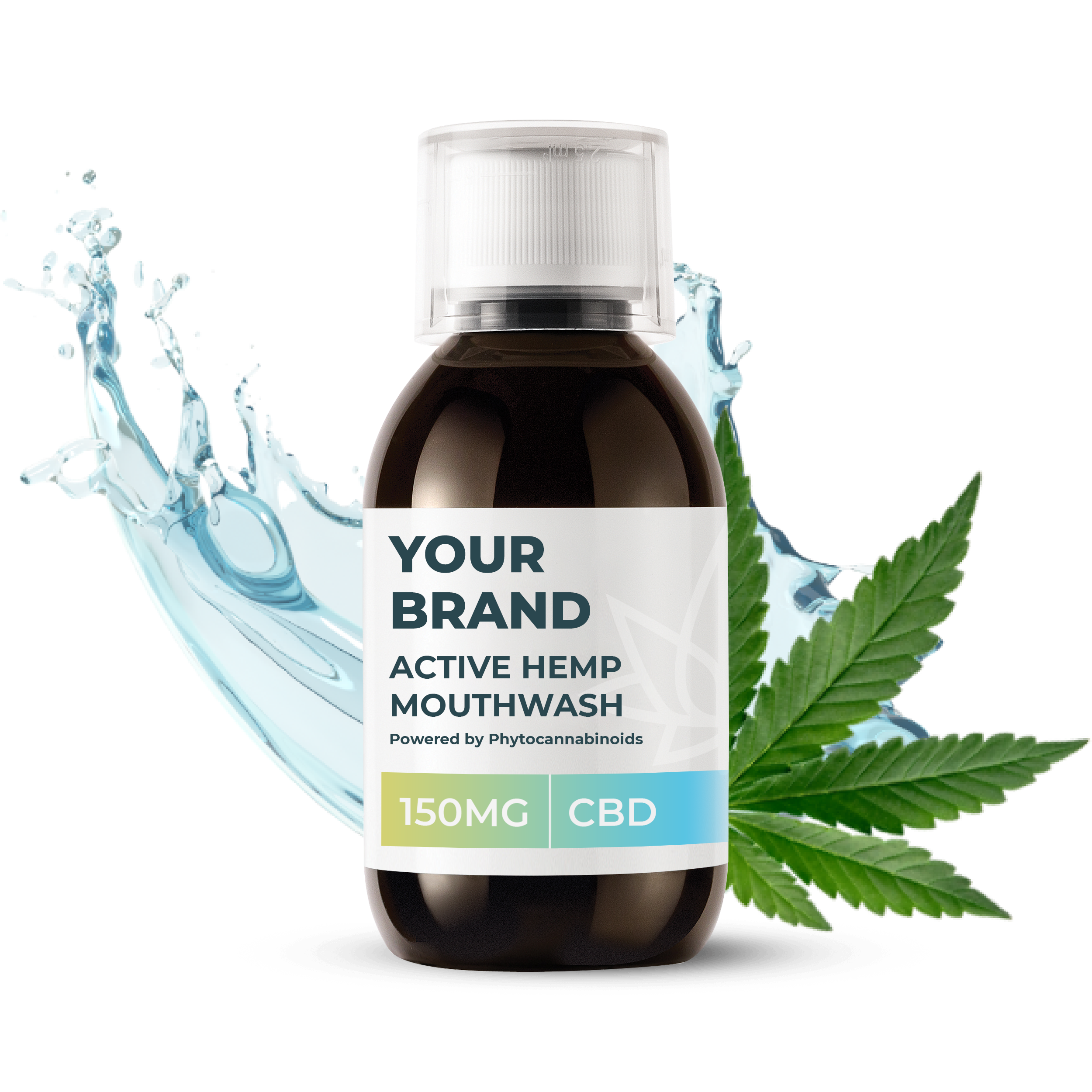 mouthwash Rafraîchisseur d'air à base de chanvre et de CBD, de marque blanche ou privée, présenté dans un emballage PET de 150 ml entièrement recyclable, avec bouchon à vis, de qualité médicale.