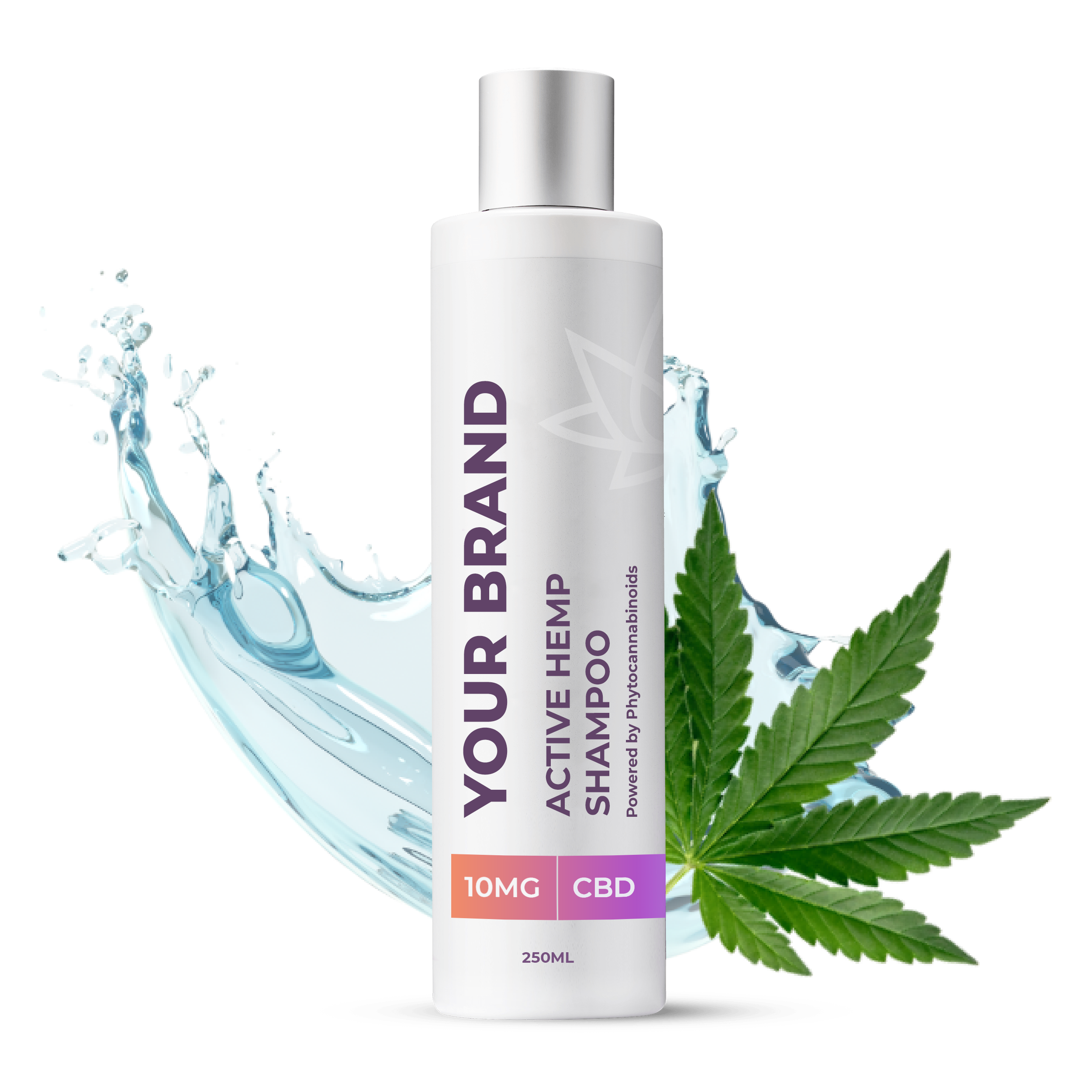 White & Private label Active Hemp CBD Shampoo supplied in a 250ml fully recyclable, twist top, pump dispensed, airless container