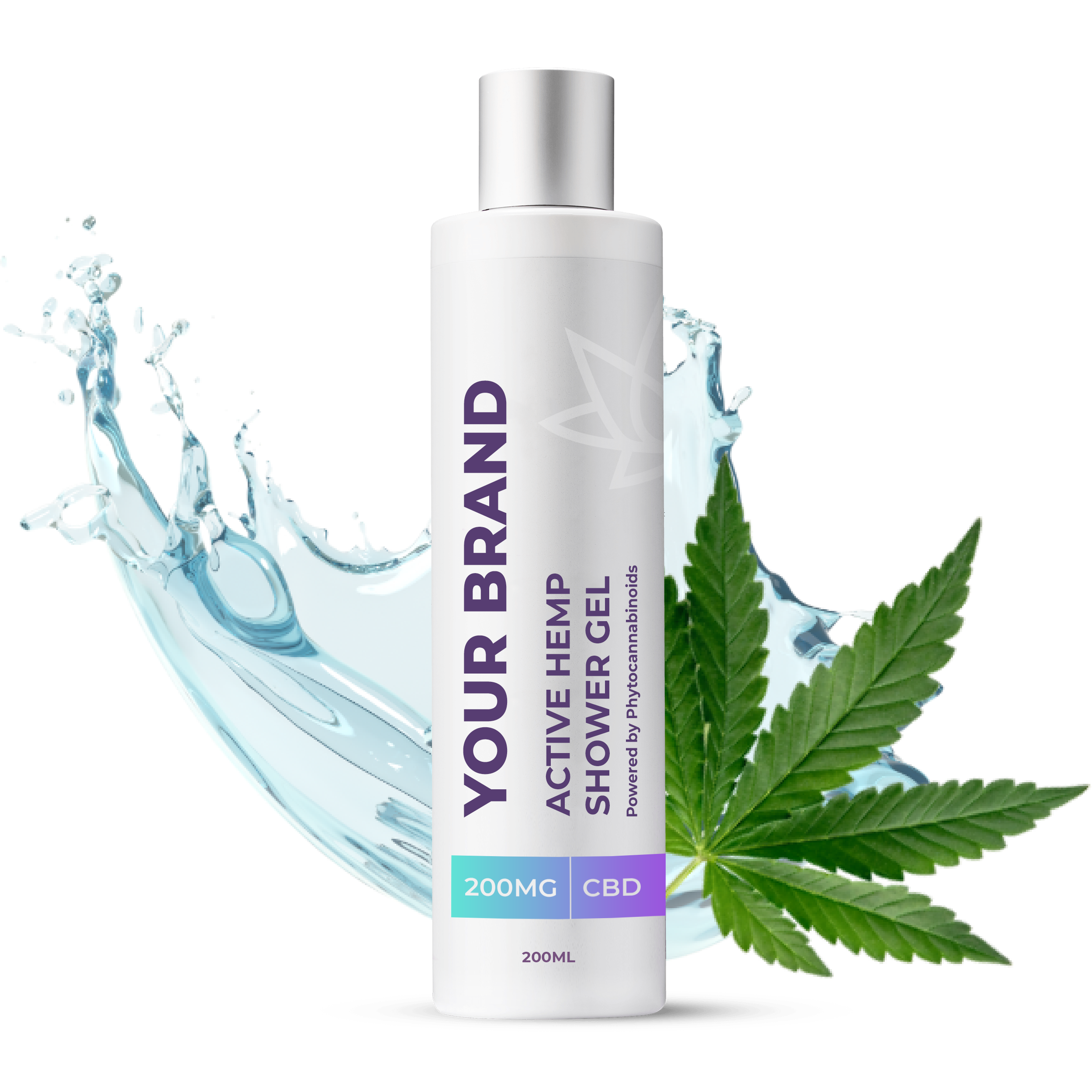 White & Private label Active Hemp CBD Shower Gel supplied in a 200ml Fully recyclable medical grade PET bottle